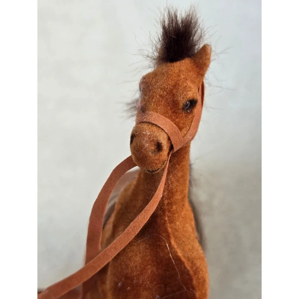 Vintage Flocked Brown Horse Figurine with Saddle and Bridle Toy 5 Inch